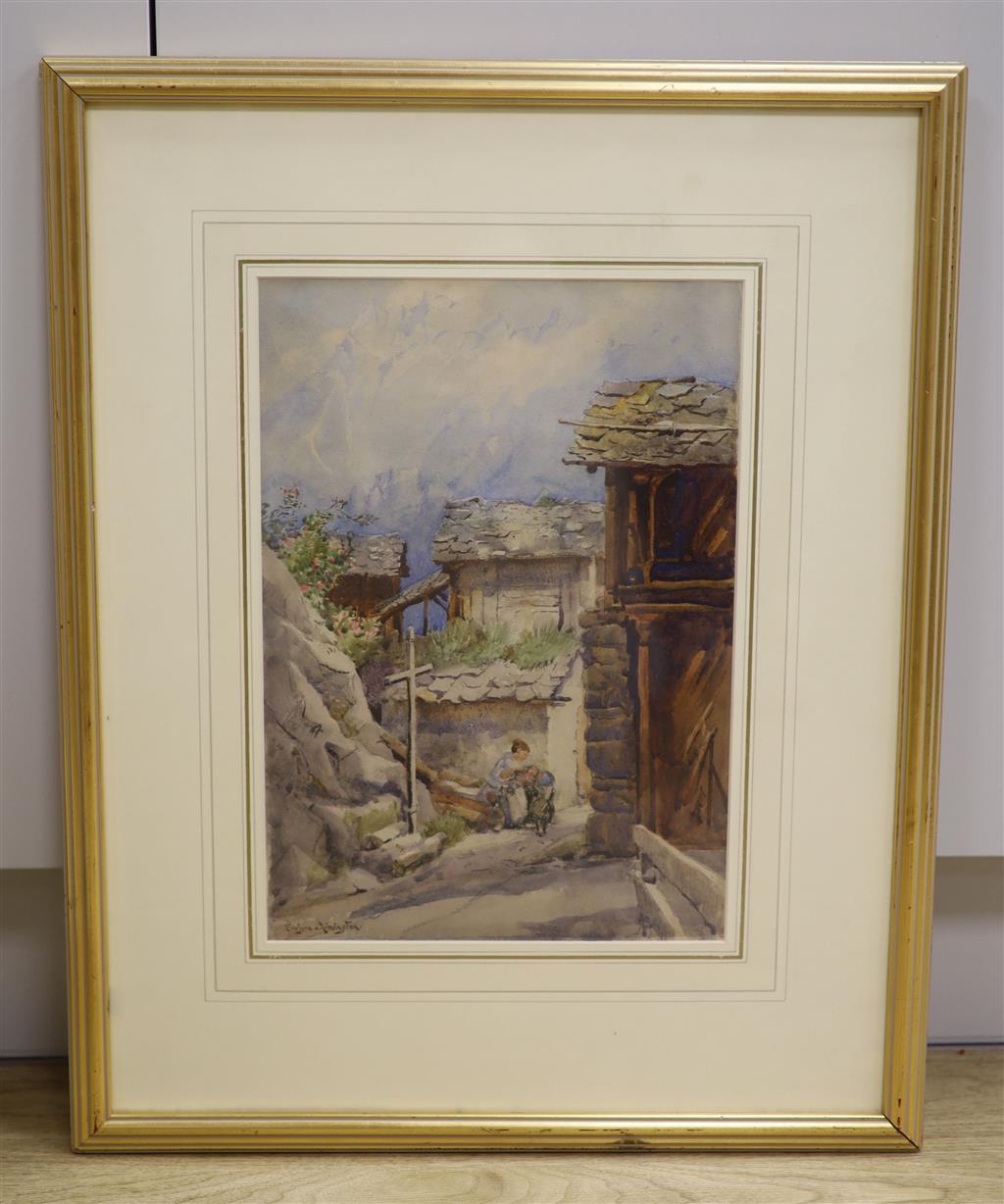Evelyn Rimington (1885-1965), watercolour, At Les Marecoltes, signed, Abbott & Holder label verso, 34 x 24cm